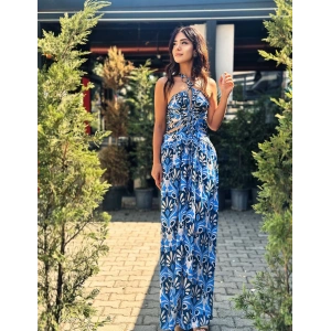 MAVİ DESENLİ İTHAL İPEK ELBİSE