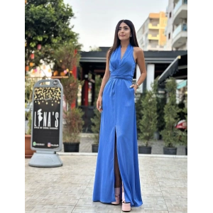 MAVİ SATEN DOKULU BEL BAĞLAMALI ELBİSE