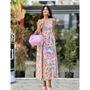 PEMBE ÇİÇEK DESENLİ ELBİSE
