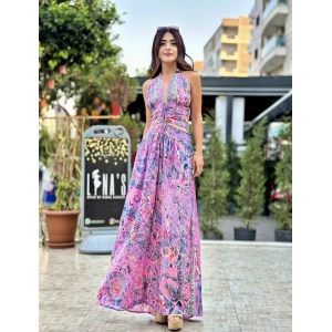 PEMBE DESENLİ İTHAL İPEK ELBİSE