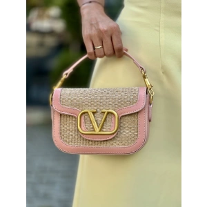 PUDRA PEMBE DERİ DETAY HASIR ÇANTA