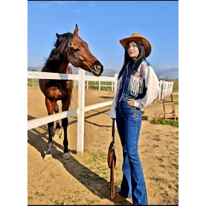 PÜSKÜLLÜ SÜET DETAYLI TASARIM JEAN CEKET