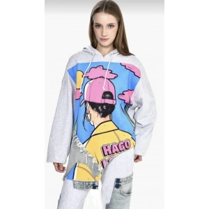 RENKLİ ŞAPKALI BASKILI GRİ SWEAT