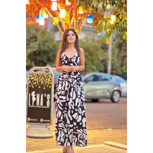 SİYAH BEYAZ DESENLİ UZUN ELBİSE