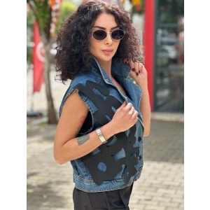 SİYAH ŞEKİL DETAYLI JEAN YELEK