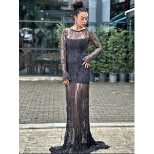 YAKA DETAYLI TÜL ANTRASİT ELBİSE