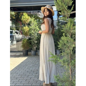 YAKASI İŞLEMELİ KETEN ELBİSE