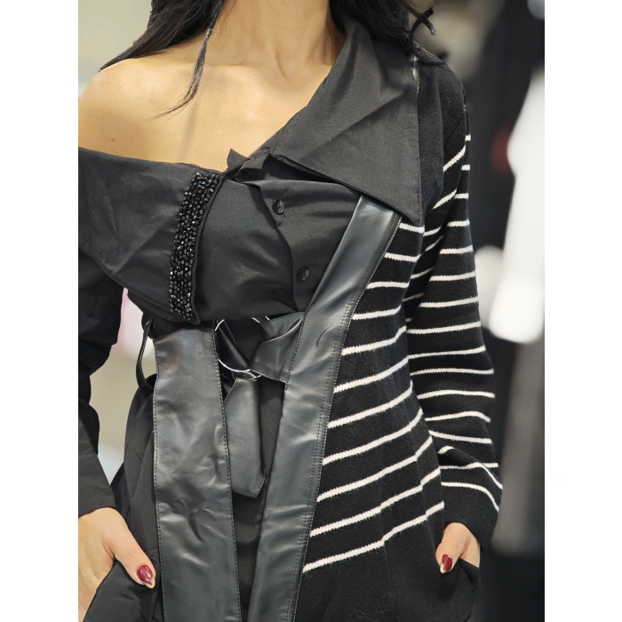 ÇİZGİLİ DERİ KEMERLİ TASARIM TRİKOLU GÖMLEK