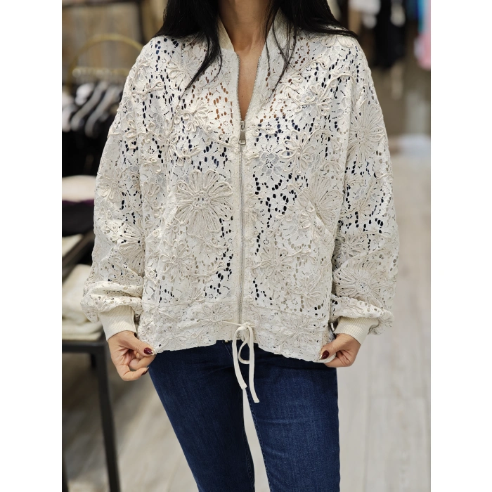 EKRU ÇİÇEKLİ FERMUARLI HIRKA