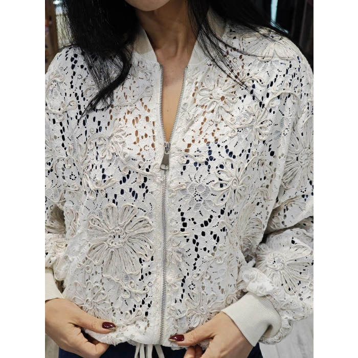 EKRU ÇİÇEKLİ FERMUARLI HIRKA