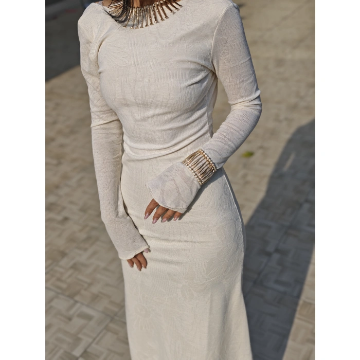 EKRU SIRT DEKOLTELİ ELBİSE