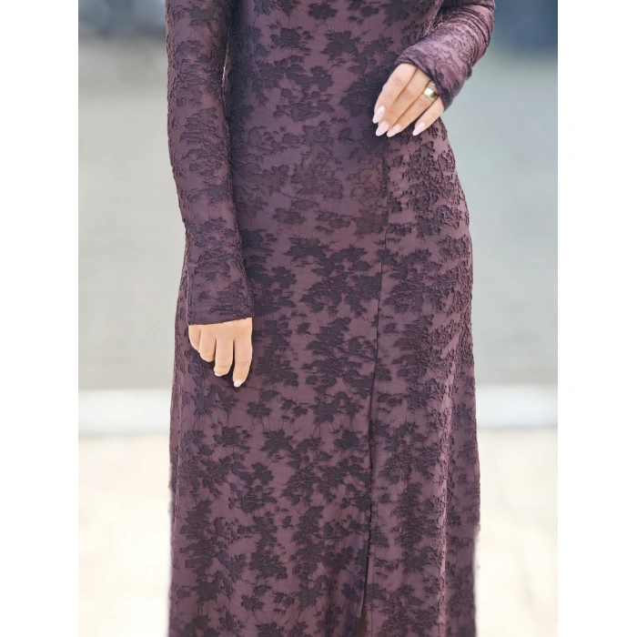 KAHVE GÜL BROŞ DETAYLI TÜL ELBİSE