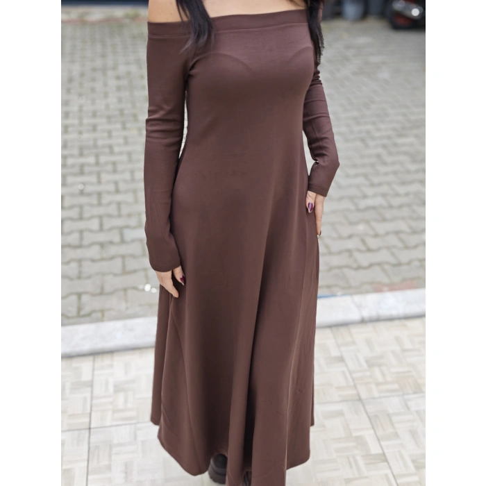 KAHVERENGİ KAYIK YAKA MODAL ELBİSE