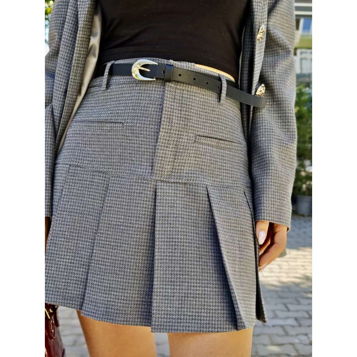 KEMERLİ GRİ DESENLİ PİLELİ ETEK