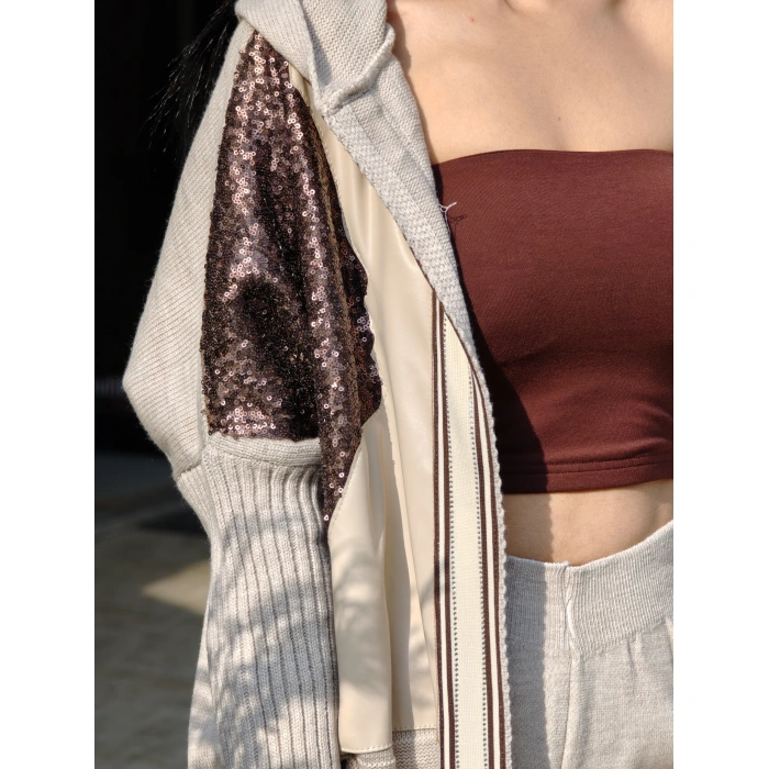 KREM KAPUŞONLU TRİKO HIRKA