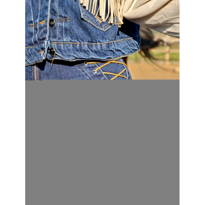 KUŞGÖZÜ BAĞLAMALI MAVİ PANTOLON