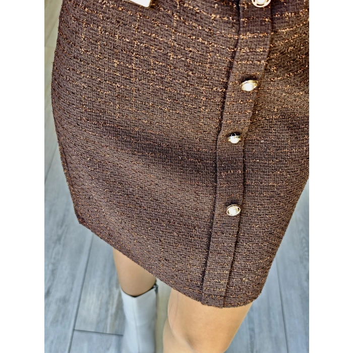 PIRILTILI İNCİ DÜĞMELİ KAHVE ELBİSE