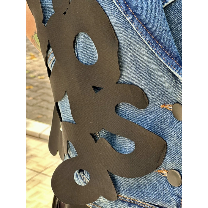 SİYAH ŞEKİL DETAYLI JEAN YELEK