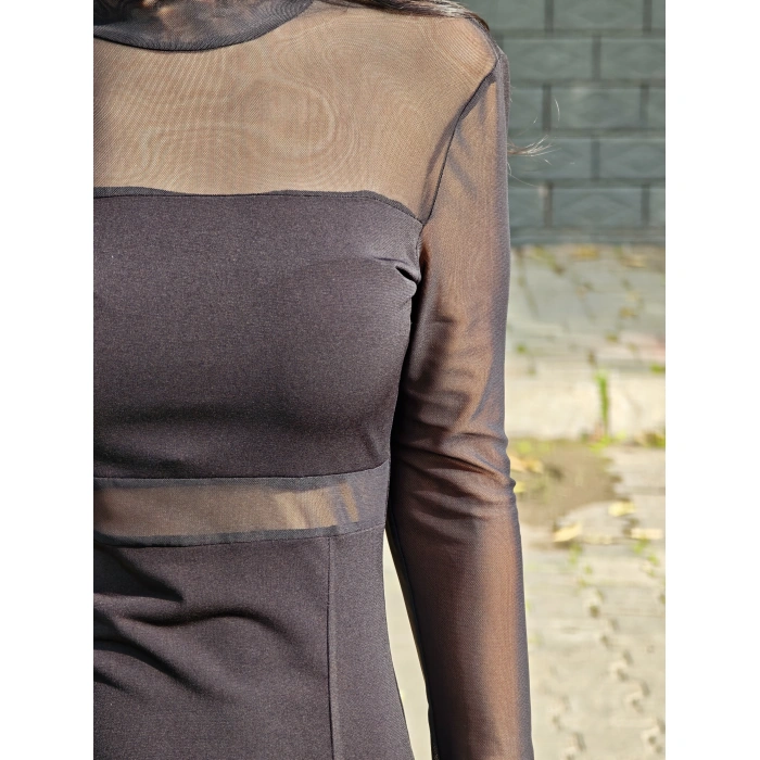 TRANSPARAN BEL DETAYLI SİYAH ELBİSE