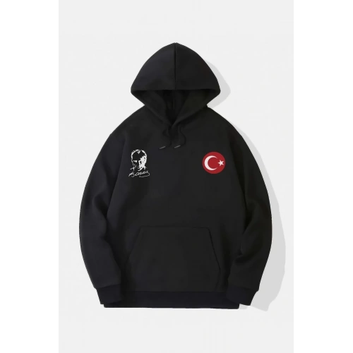 10 Kasıma Özel Üç İplik Kapüşonlu Baskılı SweatShirt - Siyah