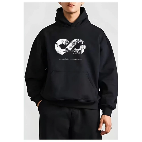 10 Kasıma Özel Üç İplik Kapüşonlu Baskılı SweatShirt - Siyah
