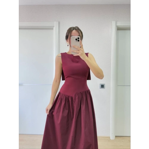 Arkası Kanatlı Uzun Kadın Elbise- Bordo