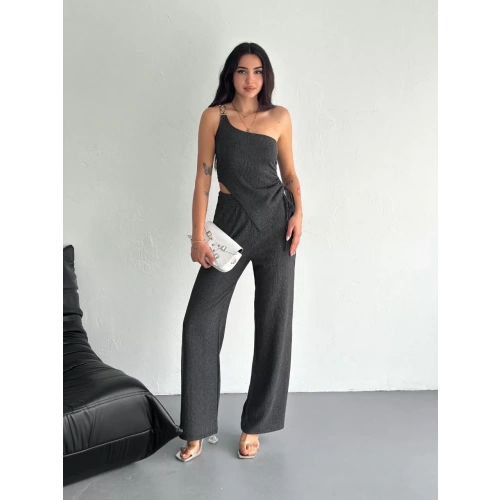 Asimetrik Crop Pantalon ikili Takım - Füme