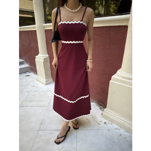 Askılı Uzun Şerit Detaylı Şık ve Rahat Elbise - Bordo