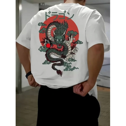 Baskılı Oversize Bisiklet Yaka T-shirt - Beyaz