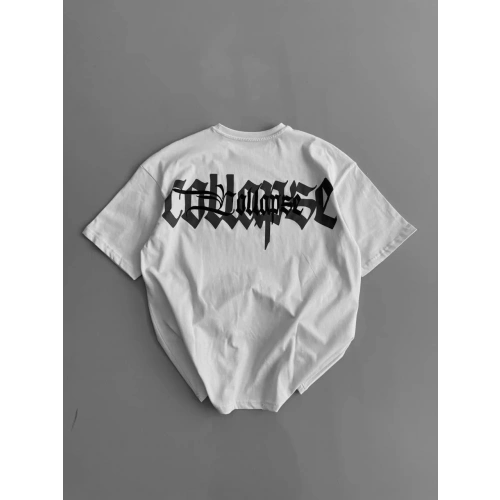 Baskılı Oversize Bisiklet Yaka T-shirt - Beyaz