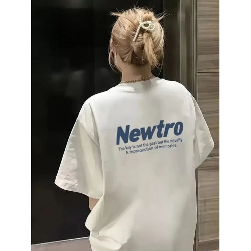 Baskılı Oversize Bisiklet Yaka T-shirt - Beyaz