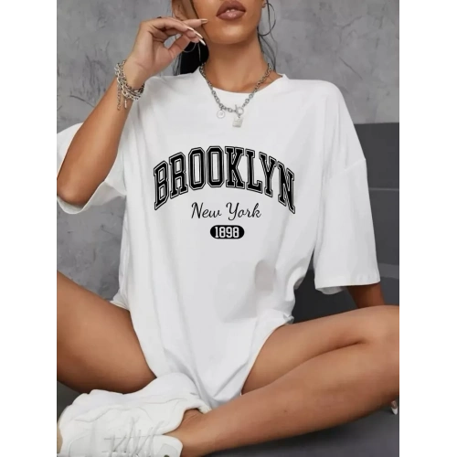 Baskılı Oversize Bisiklet Yaka T-shirt - Beyaz