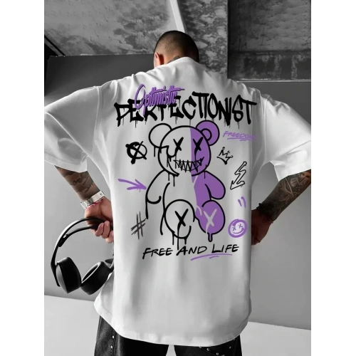 Baskılı Oversize Bisiklet Yaka T-shirt - Beyaz