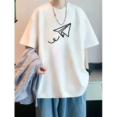 Baskılı Oversize Bisiklet Yaka T-shirt - Beyaz