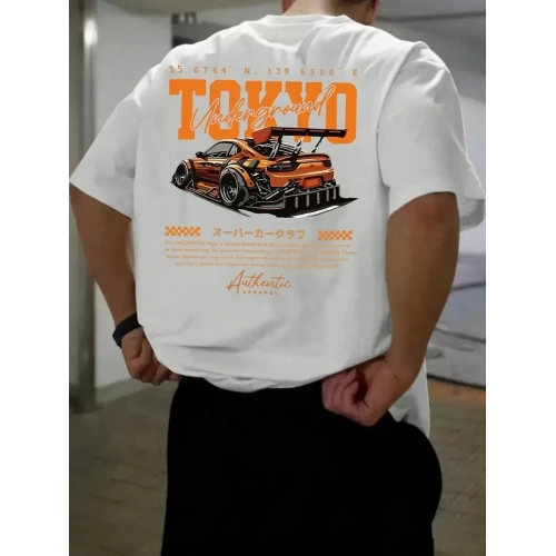 Baskılı Oversize Bisiklet Yaka T-shirt - Beyaz