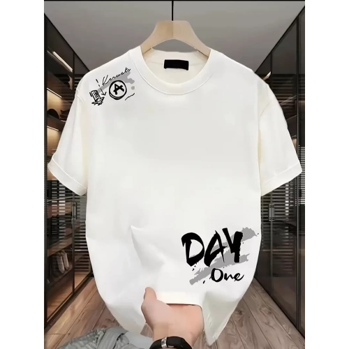 Baskılı Oversize Bisiklet Yaka T-shirt - Beyaz