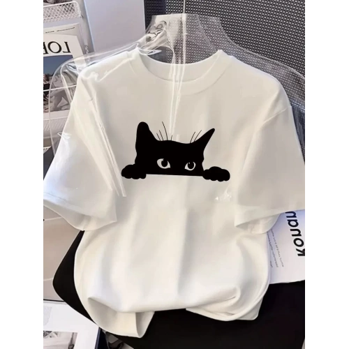 Baskılı Oversize Bisiklet Yaka T-shirt - Beyaz