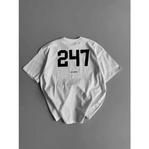 Baskılı Oversize Bisiklet Yaka T-shirt - Beyaz