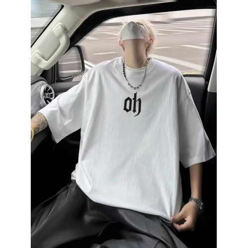 Baskılı Oversize Bisiklet Yaka T-shirt - Beyaz