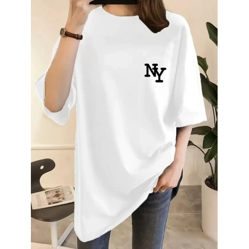 Baskılı Oversize Bisiklet Yaka T-shirt - Beyaz