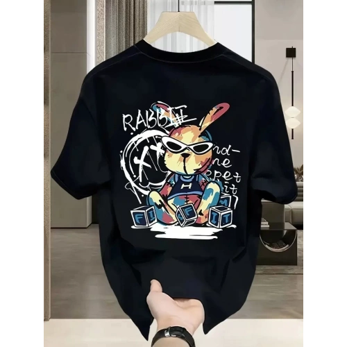 Baskılı Oversize Bisiklet Yaka T-shirt - Siyah