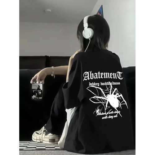 Baskılı Oversize Bisiklet Yaka T-shirt - Siyah