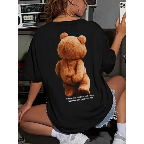 Baskılı Oversize Bisiklet Yaka T-shirt - Siyah