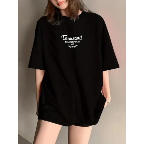 Baskılı Oversize Bisiklet Yaka T-shirt - Siyah