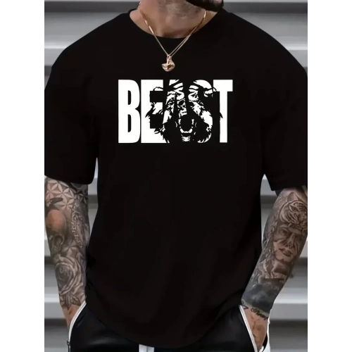 Baskılı Oversize Bisiklet Yaka T-shirt - Siyah