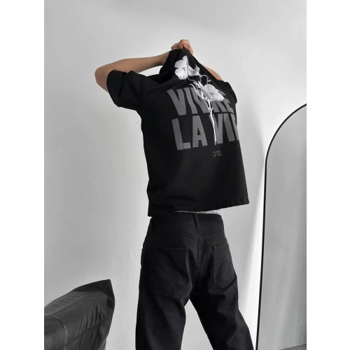 Baskılı Oversize Bisiklet Yaka T-shirt - Siyah