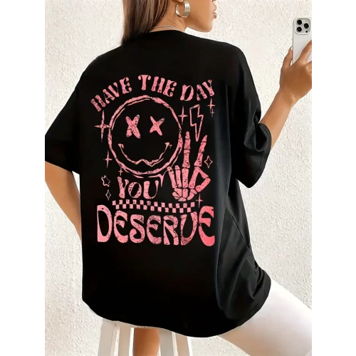 Baskılı Oversize Bisiklet Yaka T-shirt - Siyah