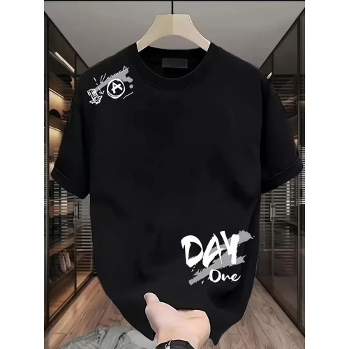 Baskılı Oversize Bisiklet Yaka T-shirt - Siyah