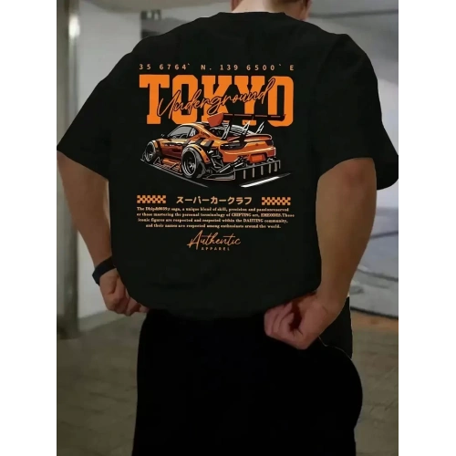 Baskılı Oversize Bisiklet Yaka T-shirt - Siyah