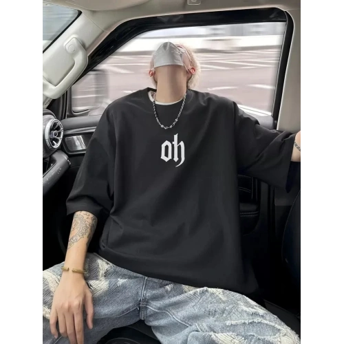 Baskılı Oversize Bisiklet Yaka T-shirt - Siyah